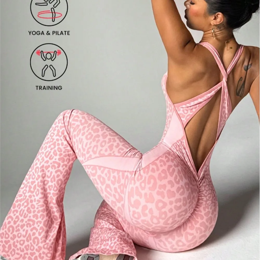 Micro-flare Jumpsuit New Leopard Print Beautiful Back Yoga Wear Women's Casual Outer Wear Fashion Fitness Sports Ropa Para Mujer
