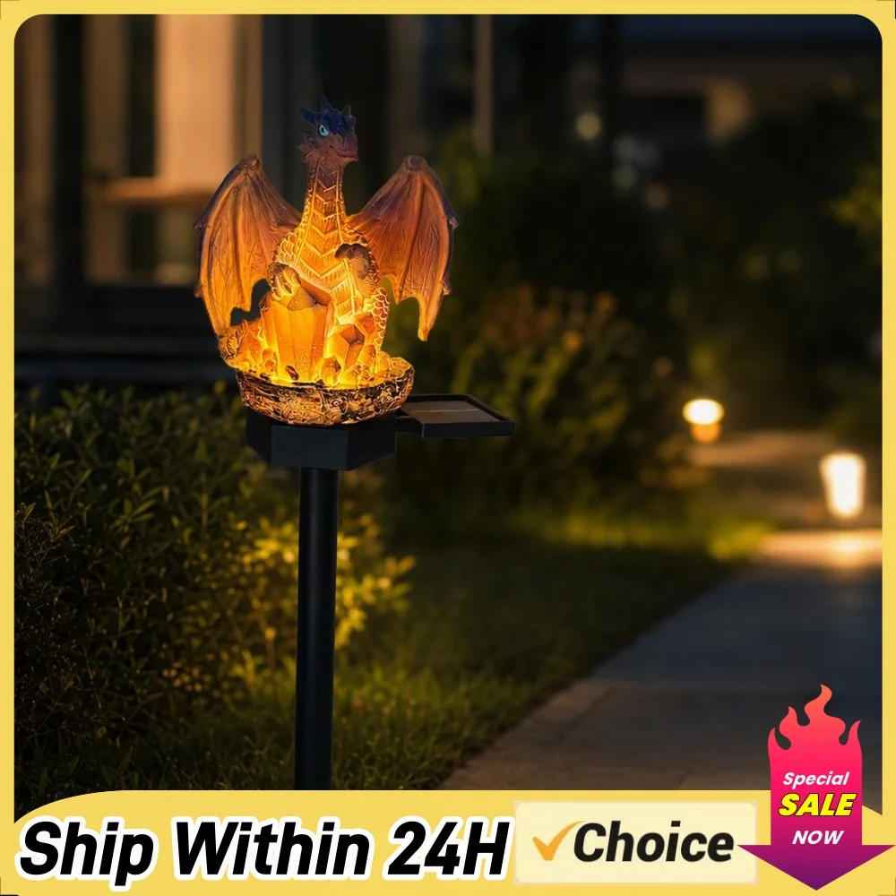 Solar Golden Ember Dragon Stake Lights Weatherproof Outdoor Resin Dragons Figurine Multi-Purpose for Housewarming Fantasy Lovers