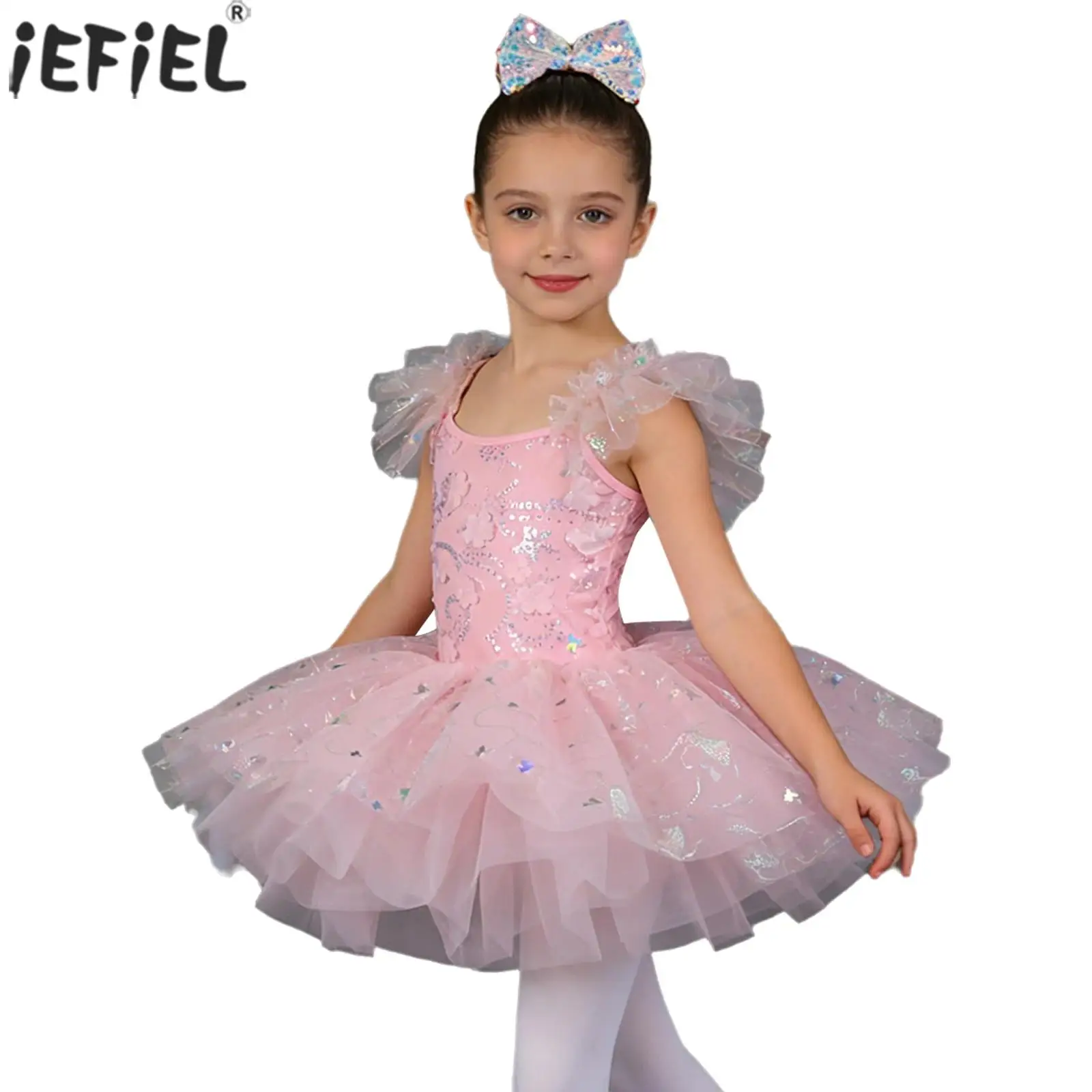 Kids Girls Ballet Dance Tutu Dress Ruffle Flower Sequin Bodice Sparkly Butterfly Tulle Leotard for Birthday Party Performance