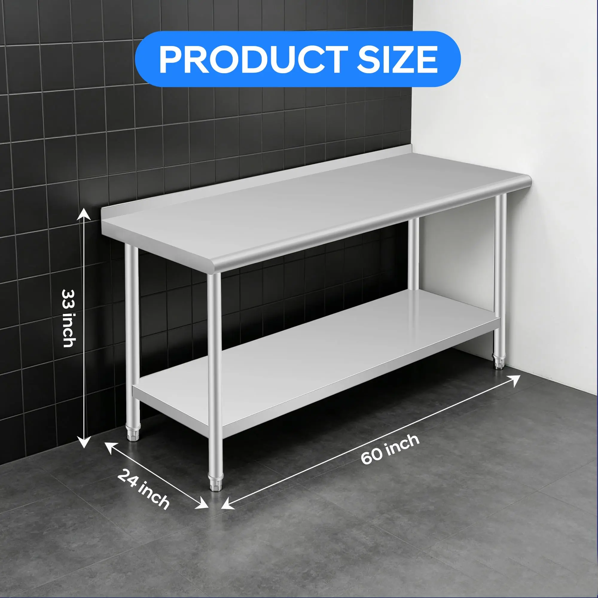 Stainless Steel Work Table with Backsplash, 24 x 60 Inch Prep Table