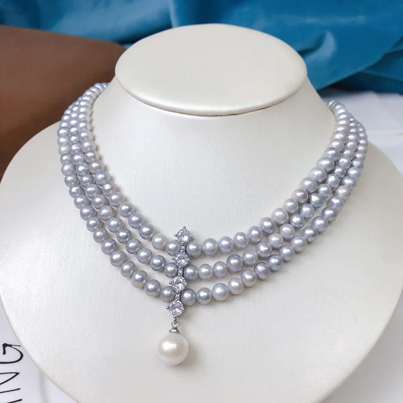 

17-18'' 3 Rows Cultured Natural Gray Pearl Necklace Cz Pendant