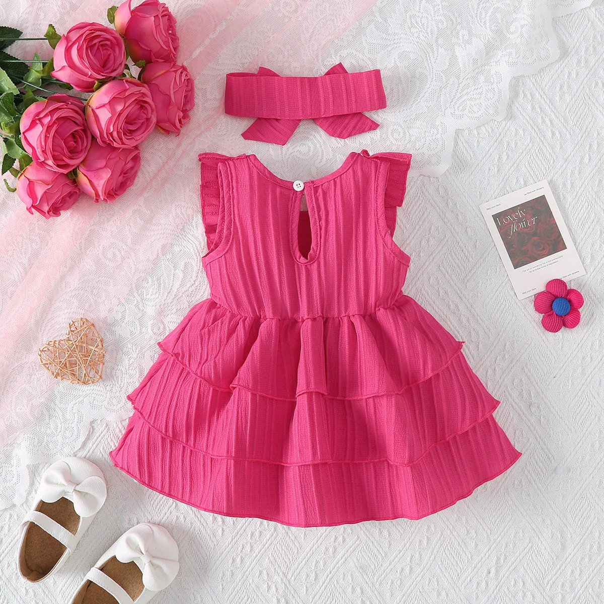 2Pcs Baby Girl Dress Sweet Cute Tiered Cake Dress Bow Princess Gown Summer Newborn Infant Birthday Party Outfit for 0-24 Months
