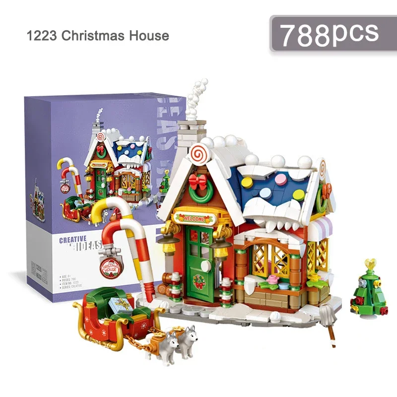 Mini Baustein Weihnachts haus Set DIY Stadt Street View Haus Schlitten montiert Ornamente Kinder Lernspiel zeug Geschenk