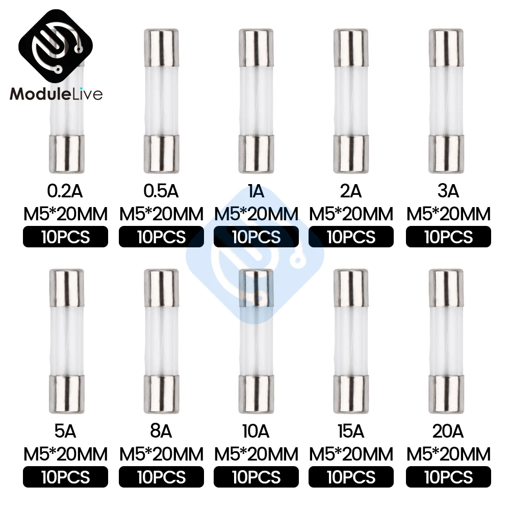 100PCS Fast Blow Glass Fuse Box Kit 5x20 250V For Circuit Current Protection 5*20mm,0.2/0.5/1/2/3/4/5/6/7/8/10/15/20/25/30A