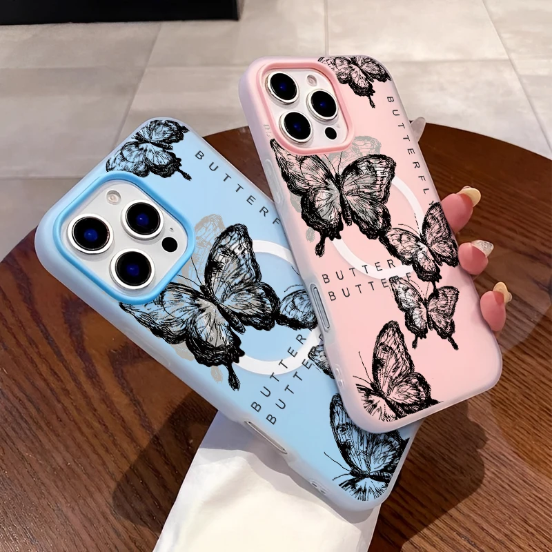 

Магнитный индивидуальный художественный модный черный чехол для телефона с узором бабочки для IPhone 16, 15, 14, 13, 12, 11 PROMAX, силиконовый чехол для телефона