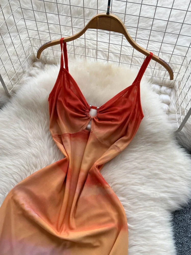 Beach Vaion Sle Femme Été Dr Strap Évider Métal Bleu Taille Cinched adient Couleur Jupe Longue Taille Haute A-...