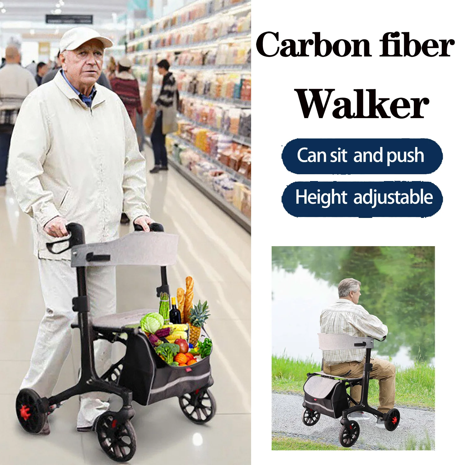 Rehabilitation Carbon fiber elderly walking aid with adjustable height, foldable, push or seat, four-wheel Walking Rollator  Car