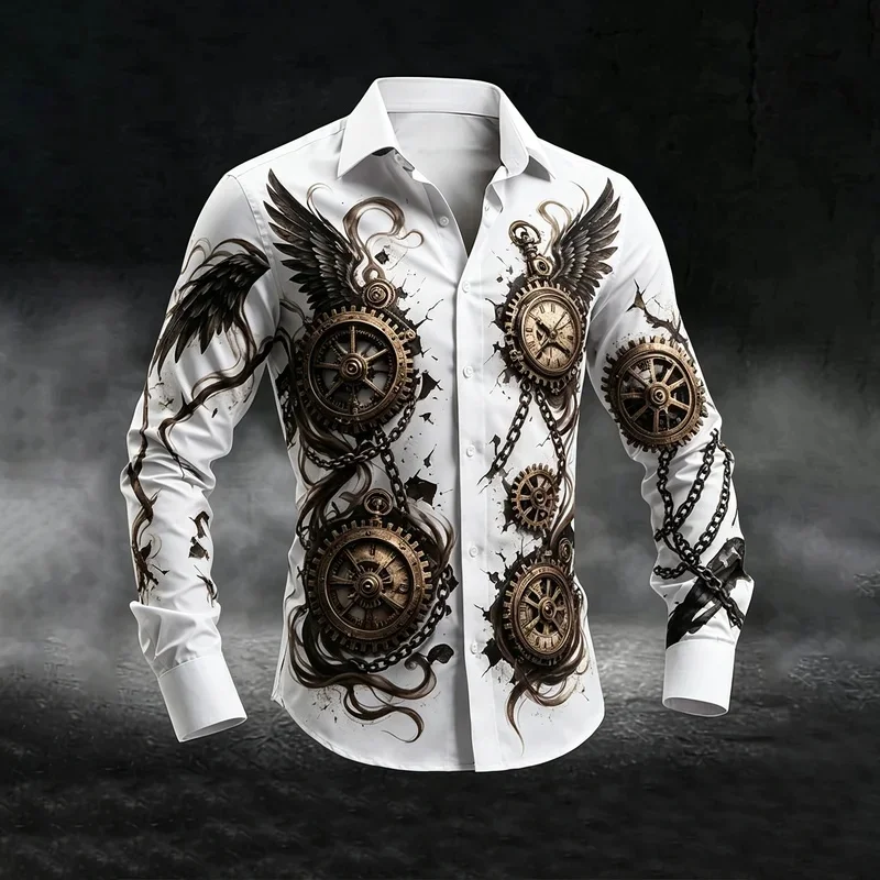 Men's Pirate Skull Anchor Ocean Wave Nautical Print Long Sleeve Shirt Lapel Button Down For Party Street Daily Occasion
