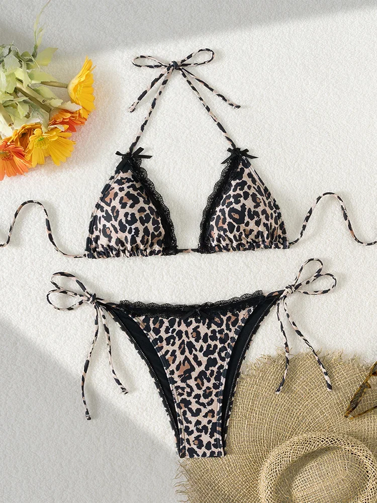 

2025 New Summer Swimwear Bikini Set Sexy Print Laced Up Backless Bikini 2 Piece Set Women Split Swimsuit High Waist Beach Bikini