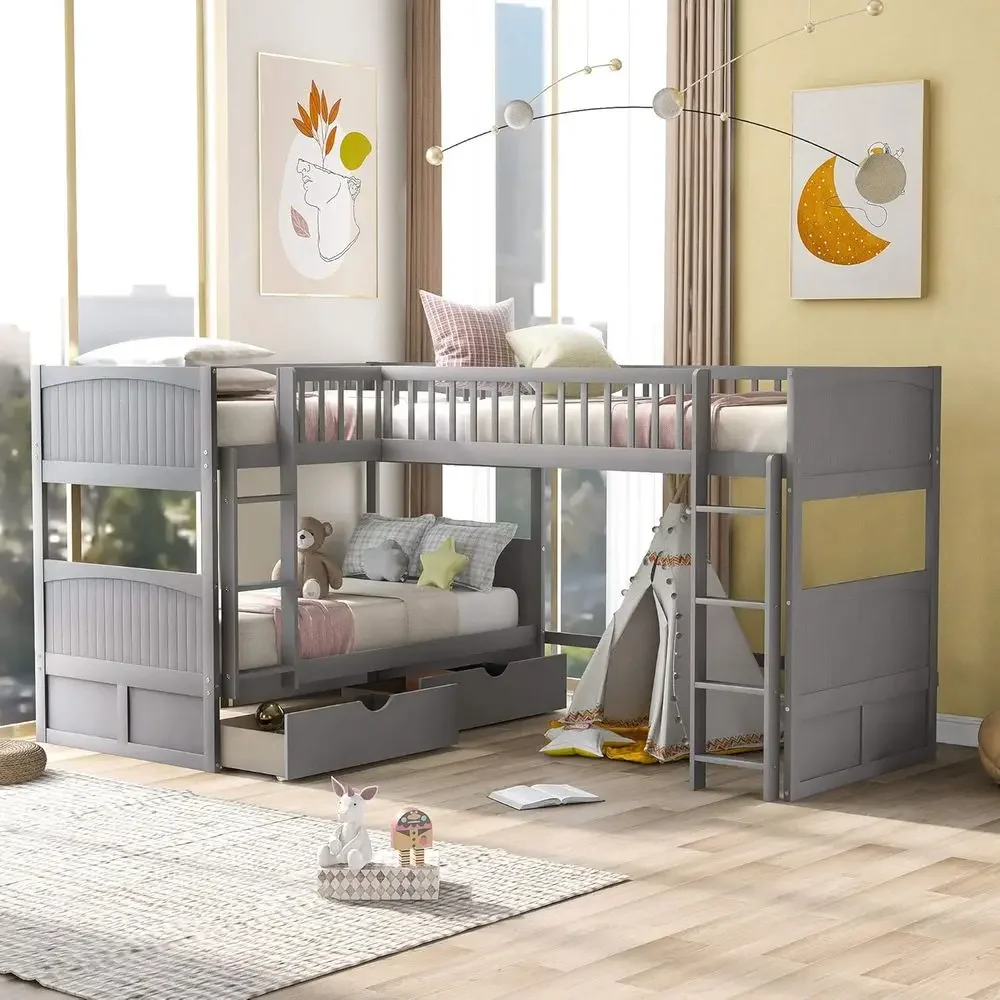 Triple Bunk Bed with 2 Desks and 2 Ladders, Solid Wood Twin Over Twin Over Twin, No Box Spring, Gray