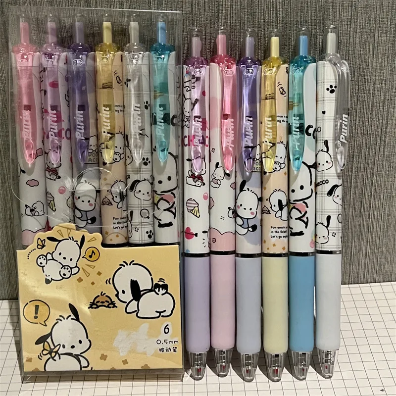 6Pcs Sanrio Gel Pen Hello Kitty Cartoon Kuromi ST Quick Drying Black 0.5mm Press The Ballpoint Pen Learning Stationery Gifts