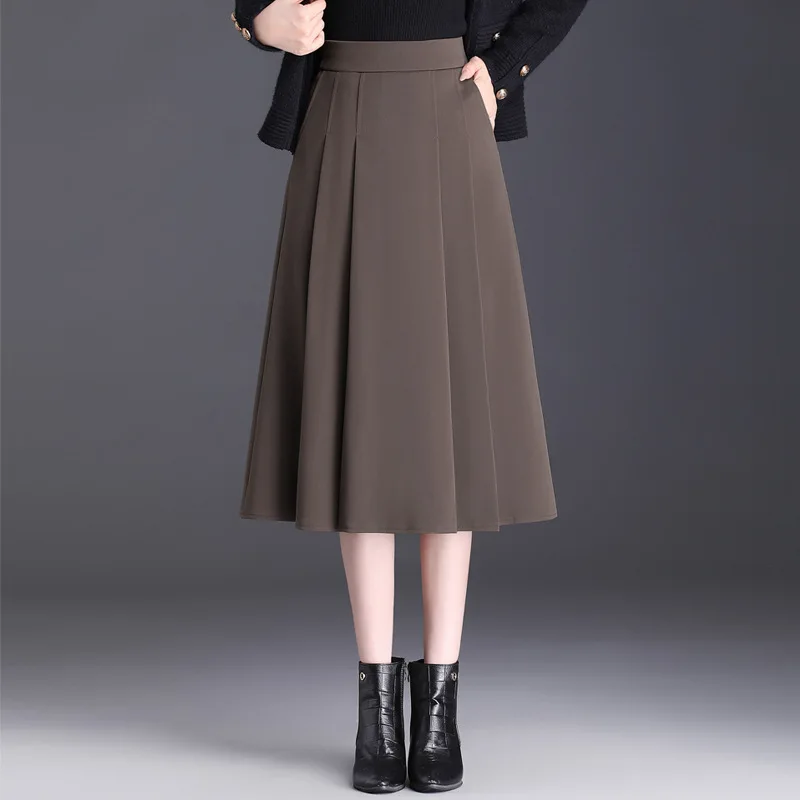 

#1699 Autumn Split Joint Pleated Skirt Women Black Brown Office A-line Skirt Female Slim Elegant Midi Skirt Femme High Waisted