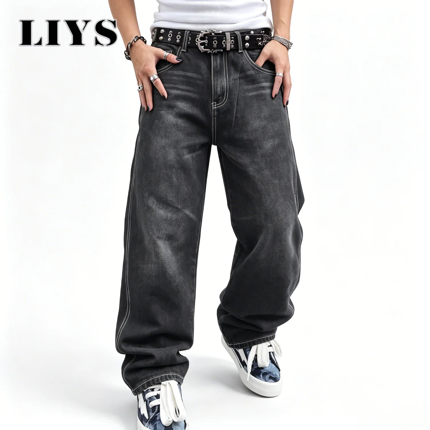 Men's Black Baggy Jeans Wide Leg Washed Denim Pants White Stitch Streetwear Y2K Hip Hop Loose Vintage Grunge Casual Trousers