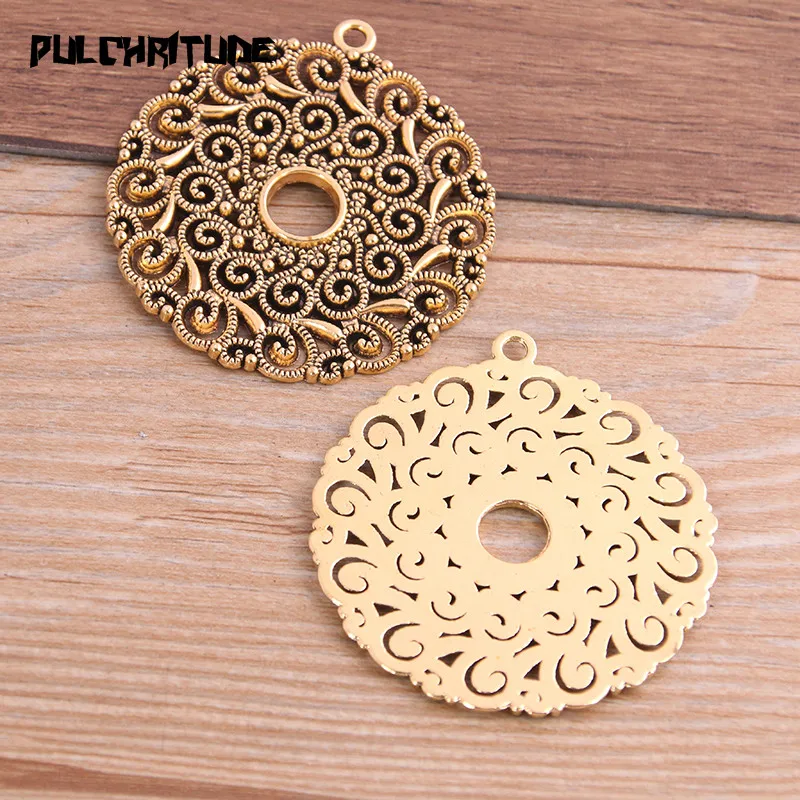 2Pcs 49*53mm Two Color Plated Big Round Hollow Pattern Pendants Making DIY Handmade Tibetan Silver color Finding Jewelry