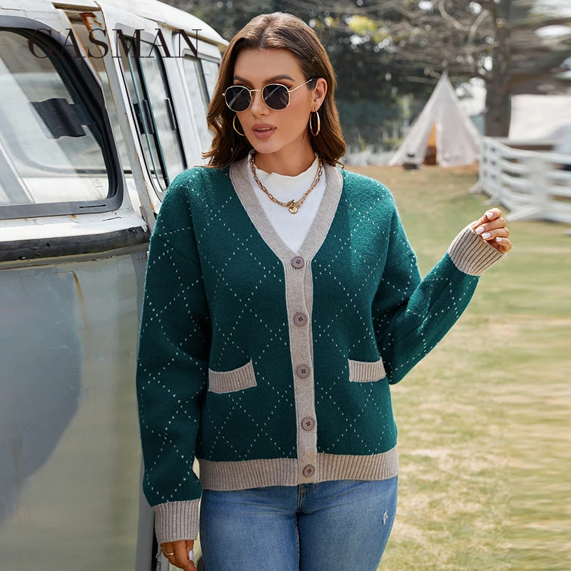 GASMAN 2022 Spring Cardigan for women diamond block lattice Fashion color contrast design Women's sweater coat women AW-2021015