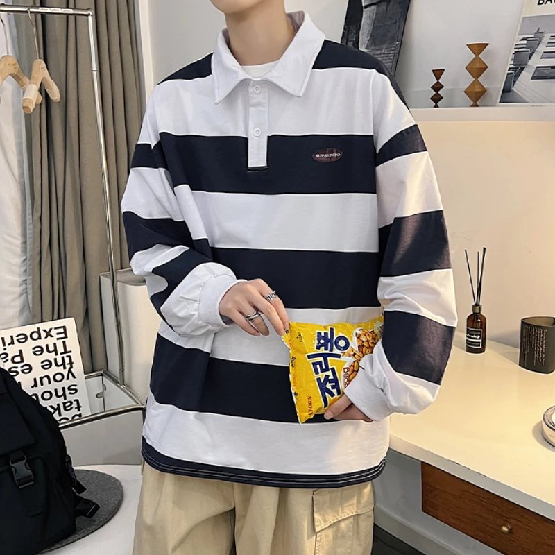 Striped Black T-shirts Men Preppy Stylish College Long Sleeve Harajuku Japanese Handsome Casual Baggy All-match Streetwear Cool