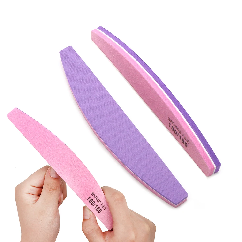 2 Stück waschbare Nagelfeilen, Nagelzubehör, Halbmond-Schwammfeile, Körnung 100/180, Lila, Rosa, zweifarbige Pufferfeile, Nagellack entfernen