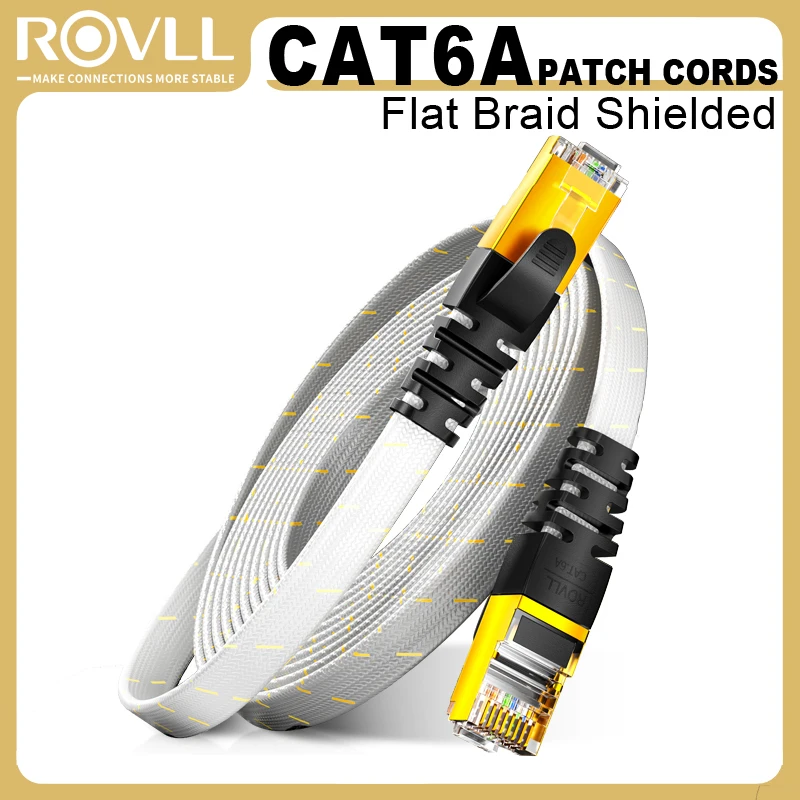 ROVLL CAT6A Ethernet Cable Flat Lan Cable 10Gbps STP Network Cable CAT6A Internet Cord Braided Patch Cord