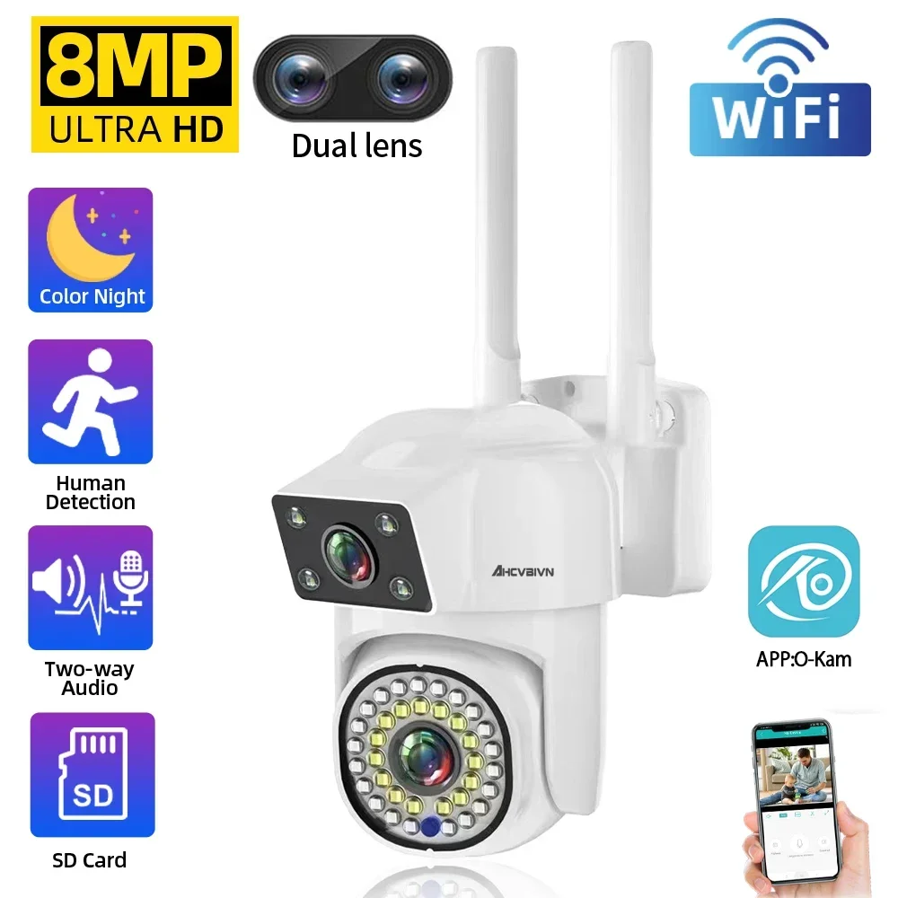 

4K 8MP Dual Screen Dual Lens WIFI Camera 2K PTZ Camera Outdoor IP66 Waterproof Auto Tracking Security Camera Surveillance O-Kam