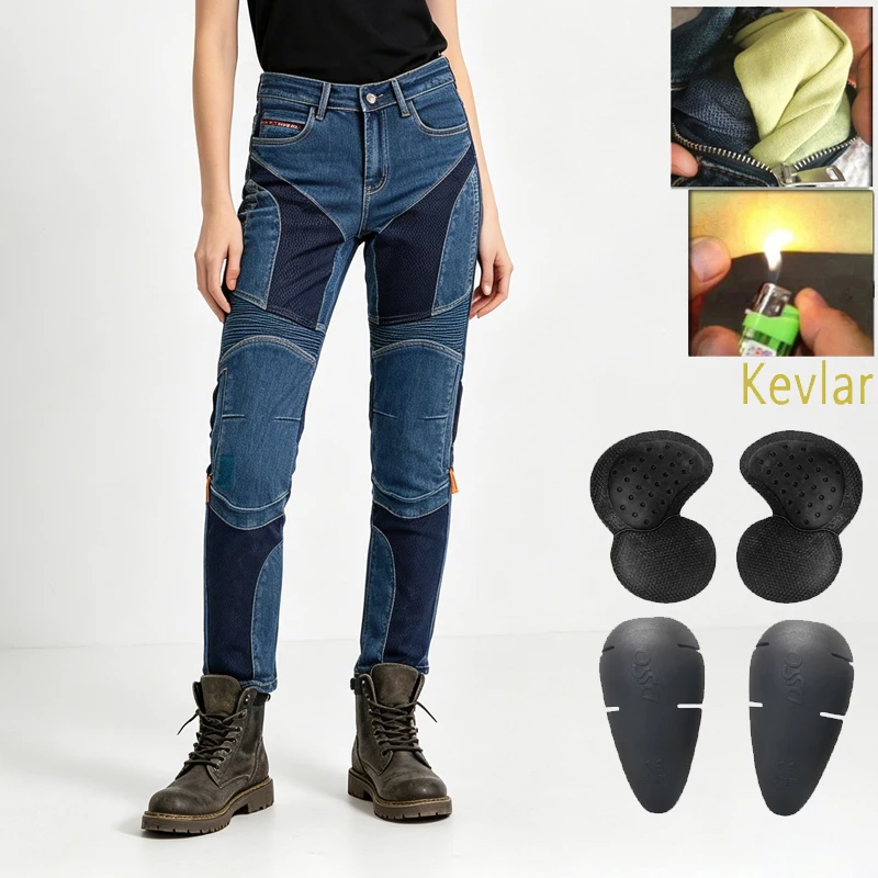 

Women's Blue Kevlar Motorcycle Jeans Summer Mesh Breathable Abrasion Resistant Dirt Bike Protective Riding Trousers 032