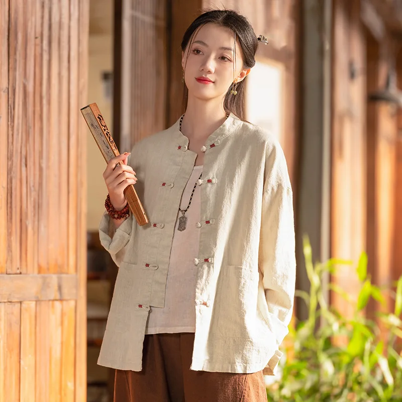 

Retro Chinese Style Women's Cotton Linen Stand Collar Open Cardigan with Button Detail Loose Fit Long Sleeve Outerwear