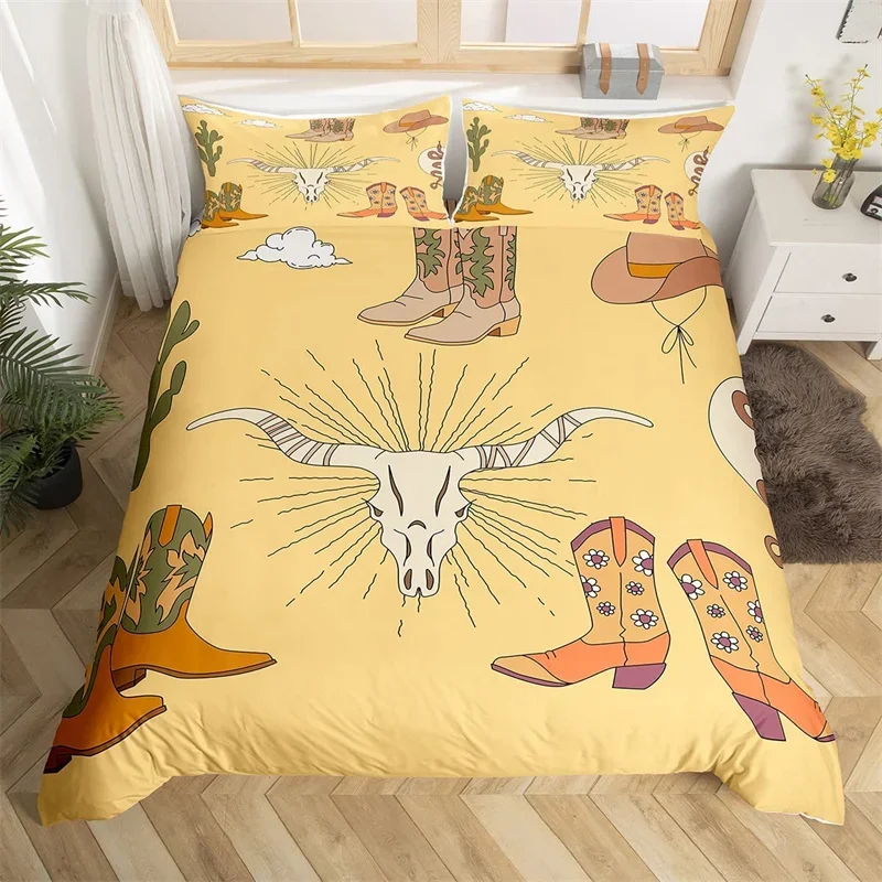 Bull Skull Duvet Cover King Western Cowboy Bedding Set Farmhouse Hat Shoes Comforter Cover Microfiber Cactua Desert Quilt Cover