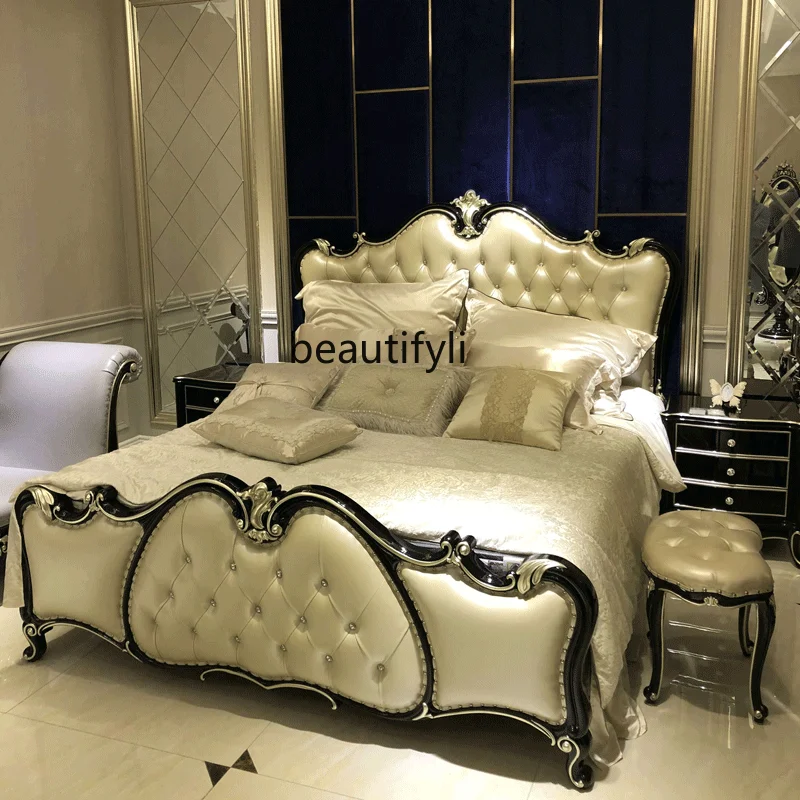 

European-Style Solid Wood First-Layer Cowhide Master Bedroom Luxury Leather Double 1.8 M Princess Bed Marriage Bed