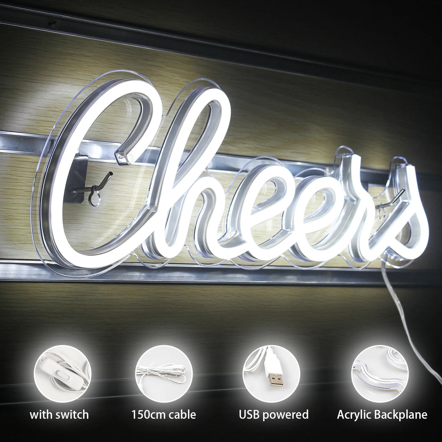 Cheers Neon Sign LED Room Wall Decor USB Powered With Switch Hanging Acrylic For Bar Club Men Cave Bar Cart Holiday Party Decor