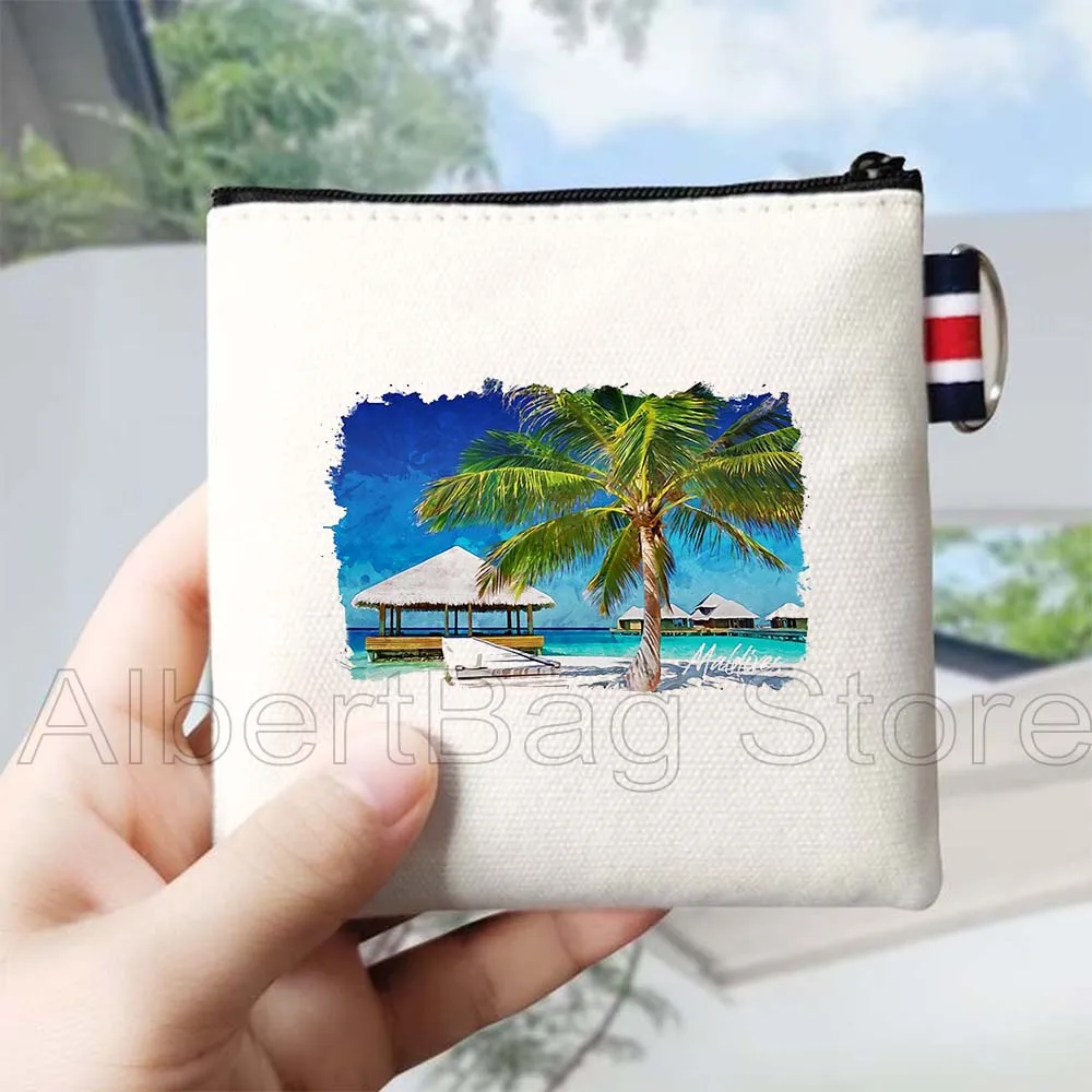 Summer Beach Holiday Maldives Maldivian Flag Map Gifts Canvas Coin Purse Bag Small Square Wallet Key Storage Card Bag Zip Pouch