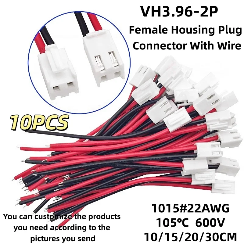 10PCS JST VH3.96-2P 2Pin Female Housing Plug Connector With Wire 1015#22AWG 10/15/20/30cm 3.96MM Single/Double Head Tinned Cable