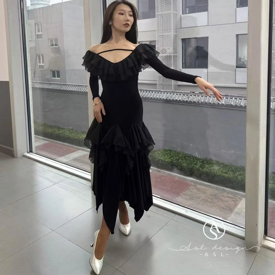 Abito da ballo da sala irregolare nero Abito da donna a maniche lunghe Abbigliamento da pratica Valzer Tango Abiti da ballo Abito da competizione BL14300