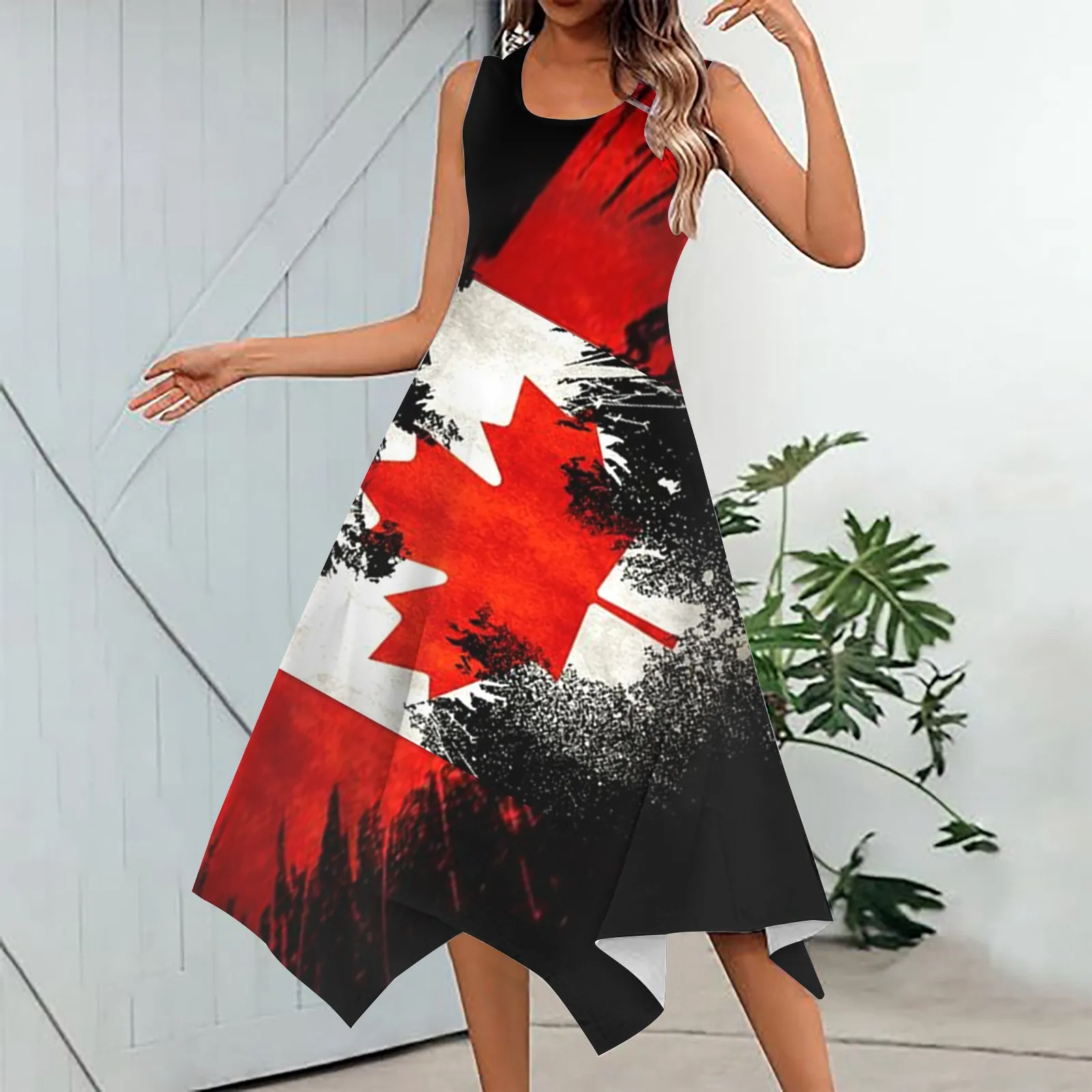 

Women's Fashion Spring Summer Canada Independence Day Print Irregular Hem Round Neck Sleeveless Side Pockets Casual Long Dress