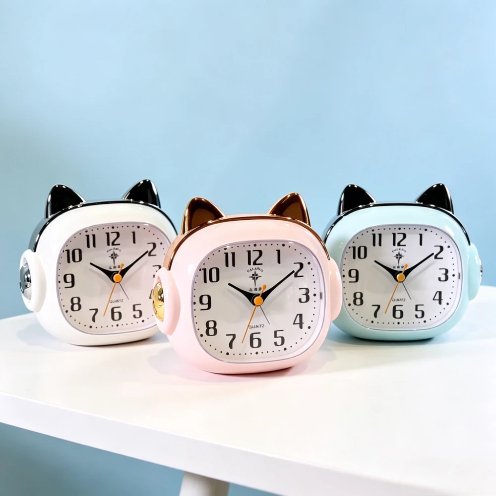 Cute Cat Ear Alarm Clock Mute Nightlight Music Wake Up Snooze Fashion Desktop Ornament Sweet Gift for Student Bedroom Kids