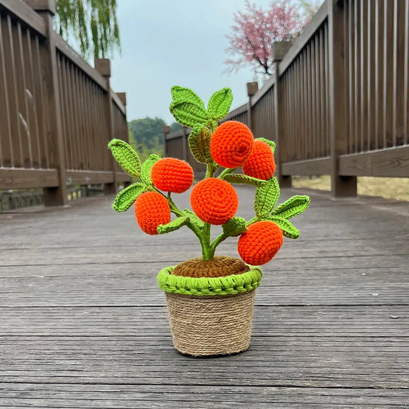 Artificial Crochet Orange Plants Bonsai Fake Flowers Potted For Bedroom Home Garden Living Room Desk Outdoor New Year Decoration