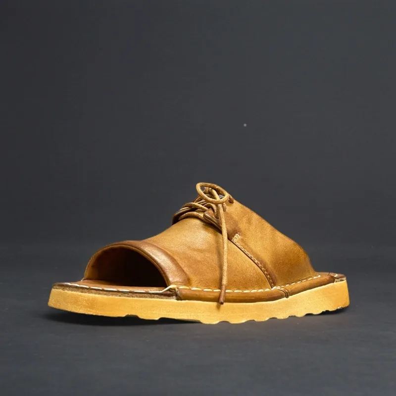 High End Premium Genuine Leather Outside Half Slippers Men's Beach Shoes Summer Washed Cowhide Sports Sandals Male Youth