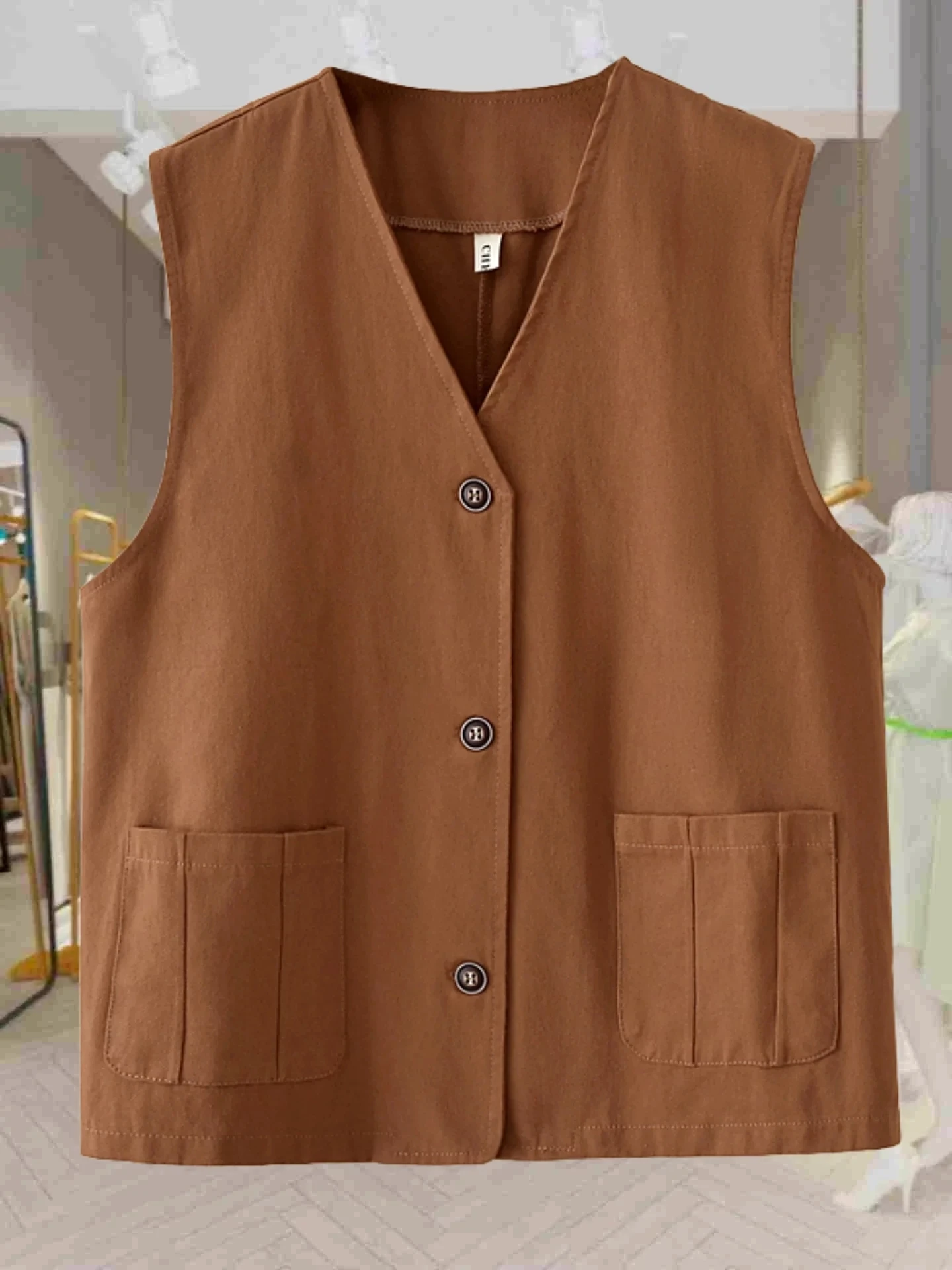

plus Size Women's Fashionable round Neck Vest Jacket Spring Autumn Versatile Cotton Casual Style Single Button Closure Outerwear