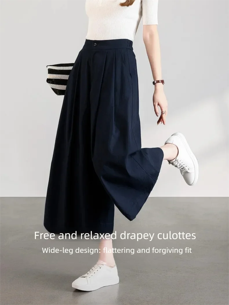 VIMLY Women's Wide Leg Cropped Pants 2026 Summer New Minimalist Commute Ruched Waist Design Loose Fit Casual Culottes A6206