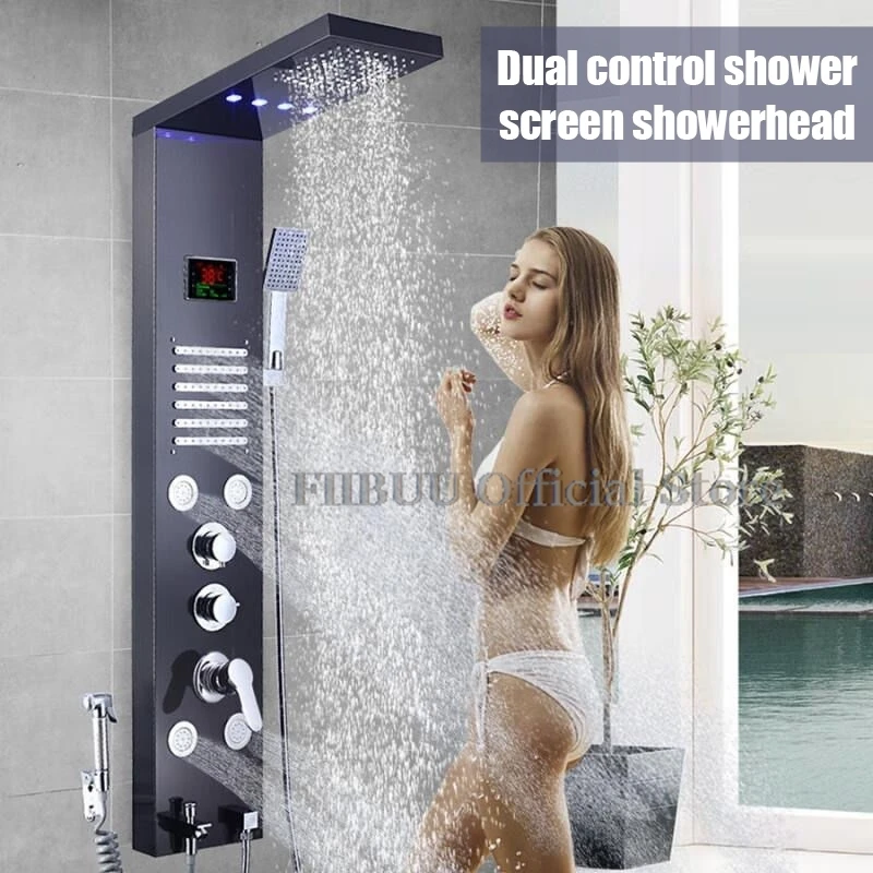 

Smart System Shower Set For Bathroom With Pressurized Top Nozzle ShowerHead Digital Display Atmosphere Light Wall Mounted Shower