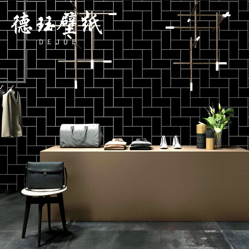 ورق حائط ذو مربعات باللونين الأبيض والأسود على الطراز الشمالي مع غطاء جدار بنمط الطوب اللاصق لمتاجر الملابس ومتجر شاي الحليب