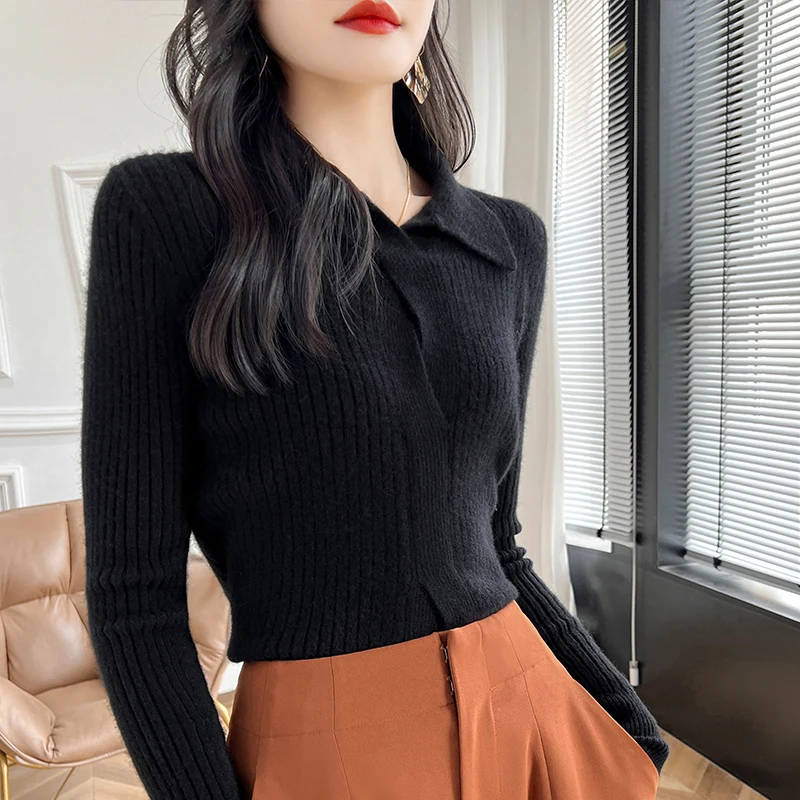 Draw a new fall/winter 100% Merino wool cashmere pullover Women's lapel pullover warm bottom knit shirt top