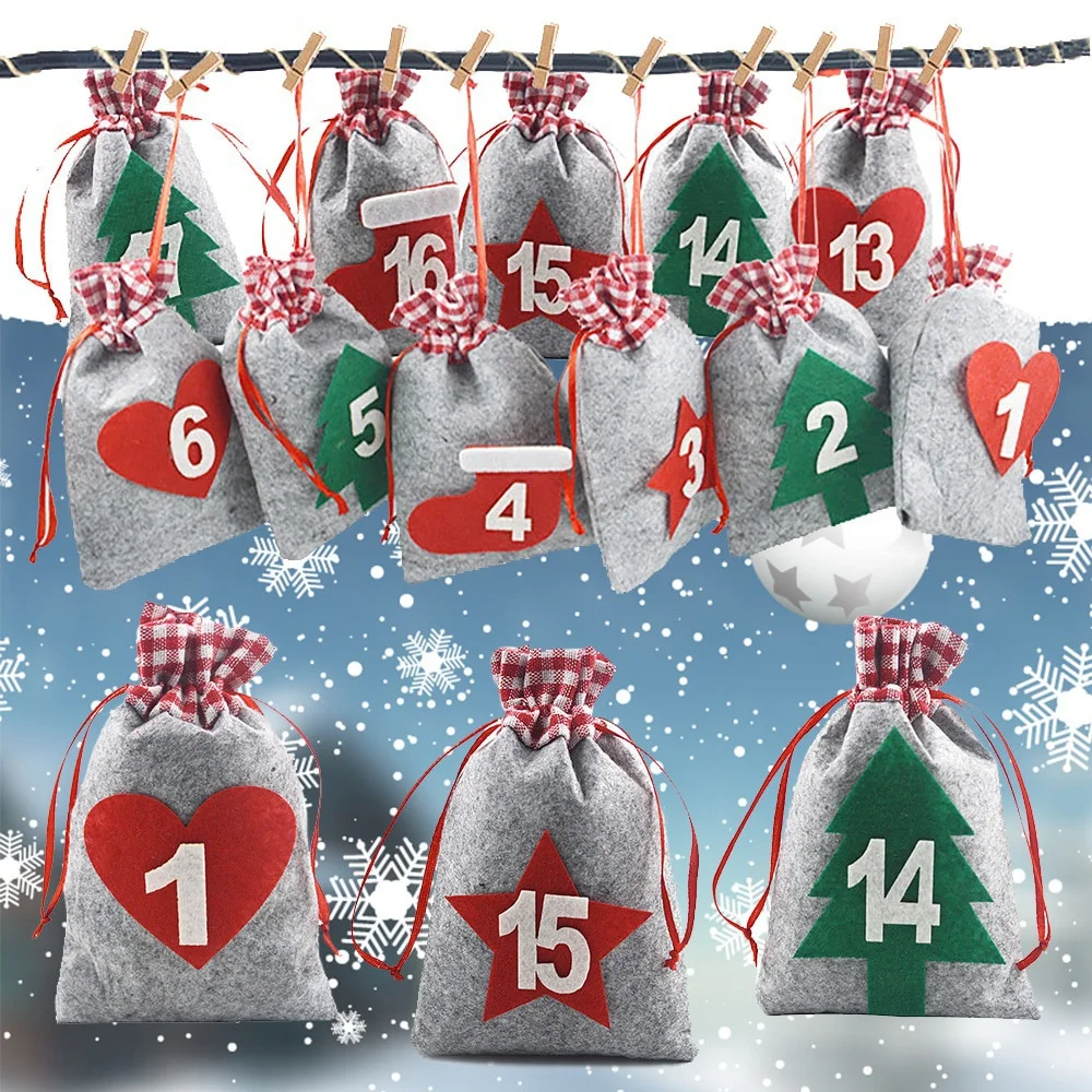 

24PCS DIY Hanging Candy Gift Sacks Christmas Decoration Christmas Advent Calendar Countdown Bag