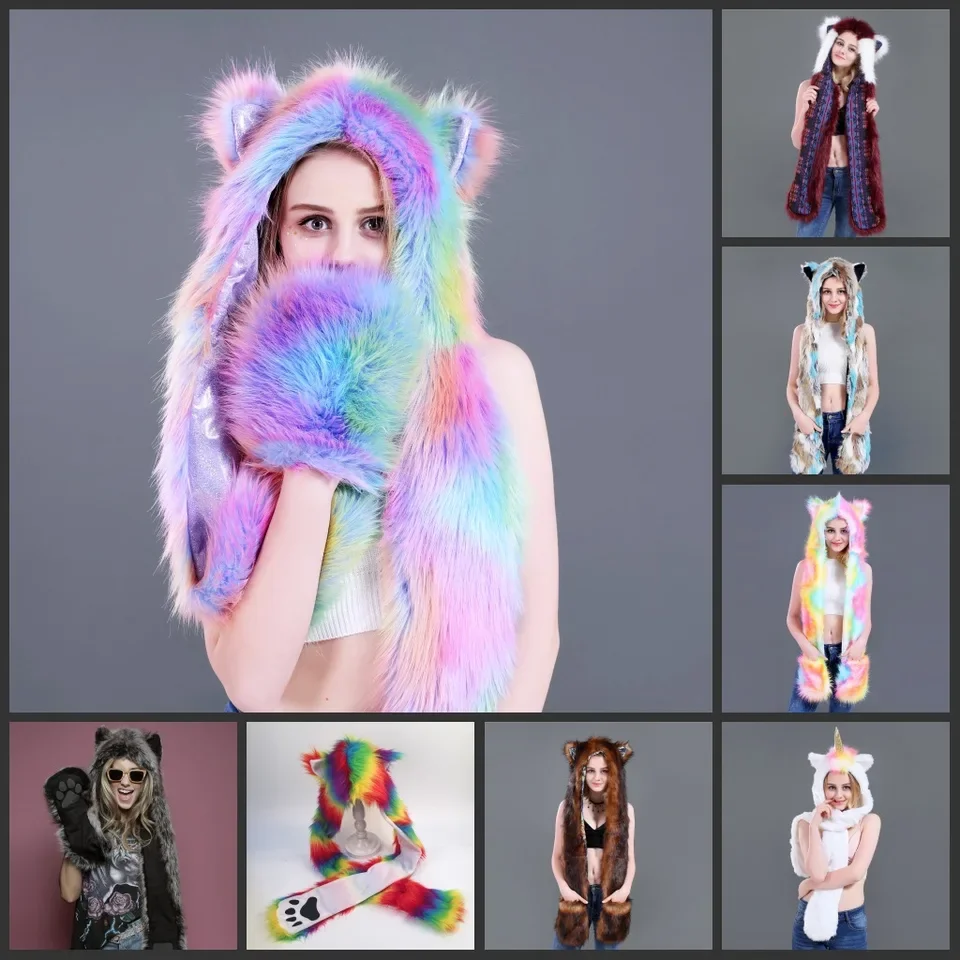 

Fluffy Plush Hat Scarf Gloves Set, Cute Faux Fur Winter Trapper Hat with Earmuffs