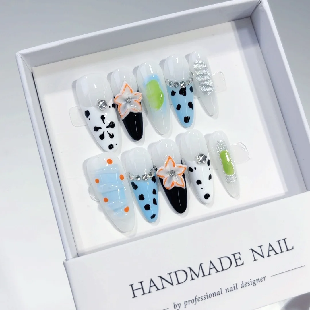 

10PCS Y2K Handmade Almond Press on Nails Cow Print 3D Flower Rhinestone Glitter Decor Cute Acrylic Full Cover Fake Nails Set