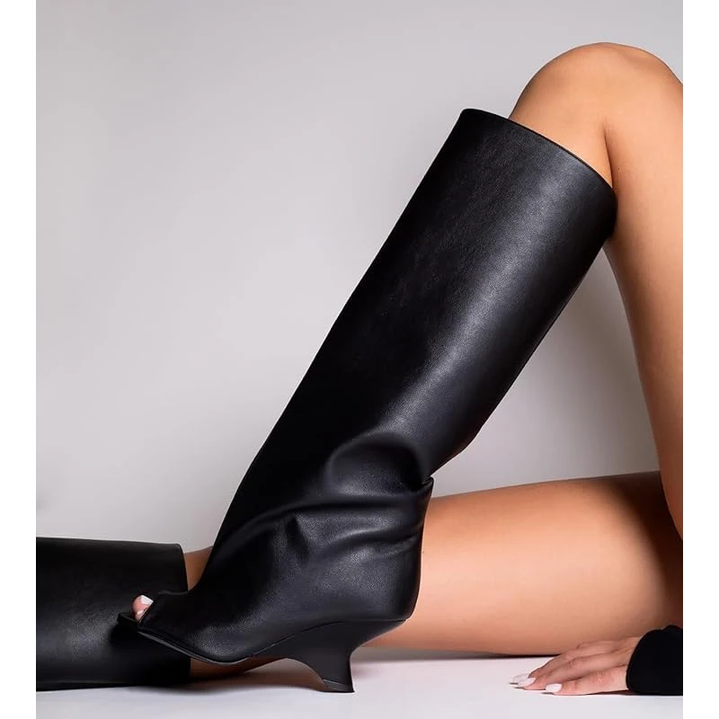 Black Round Open Toe Shape Heel Summer Boots Woman Winter 2026 Slip-On High Heel Knee-High Boots for Women Knee-High Boots