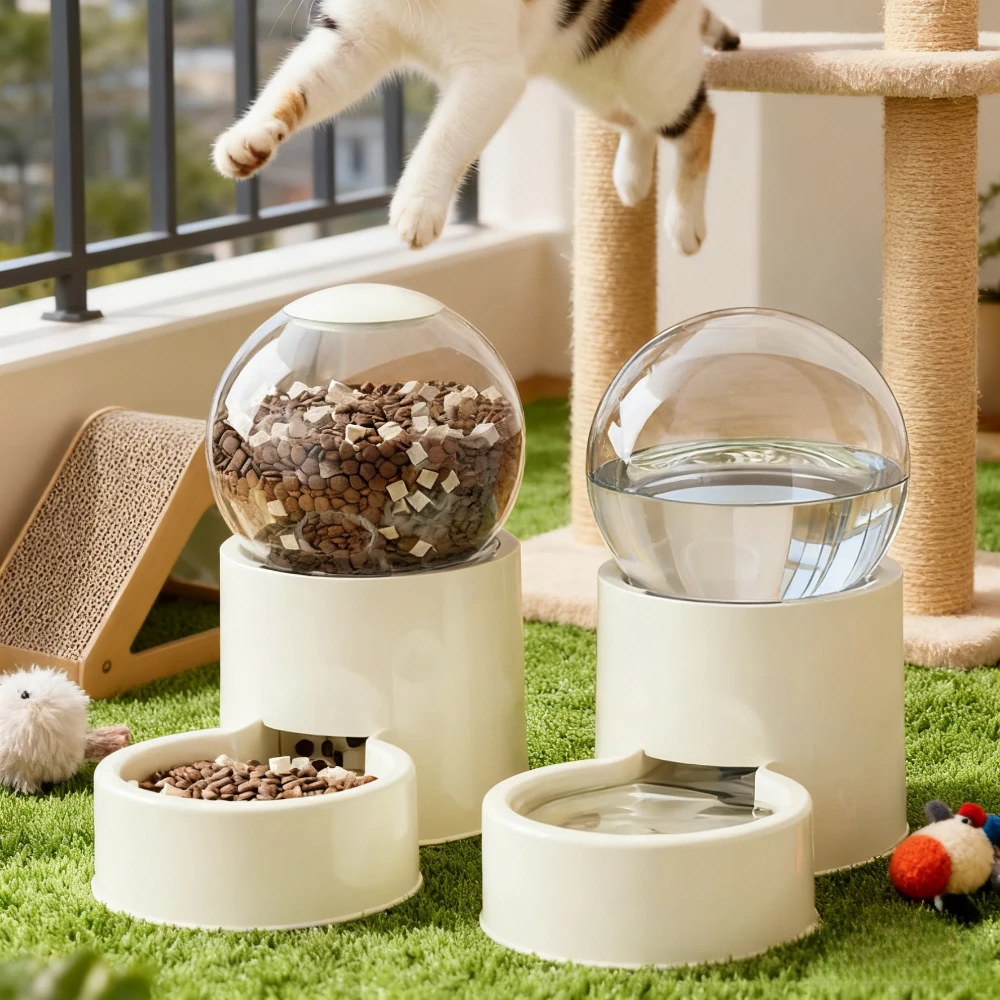 

2pcs Automatic Cat Feeder and Water Dispenser Set,plastic Material,Large-capacity Spill-proof Design,No Battery for Pet Feeding