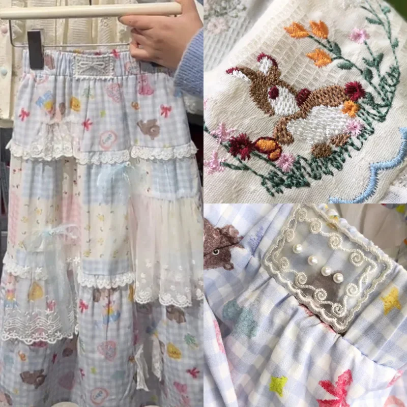 Bow Half Dresses Y2K Embroidery Knot Floral  Plaid Patchwork Hollow Heavy Industry Sweet Long Sleeved Shirt Half Skirt 2 Set New