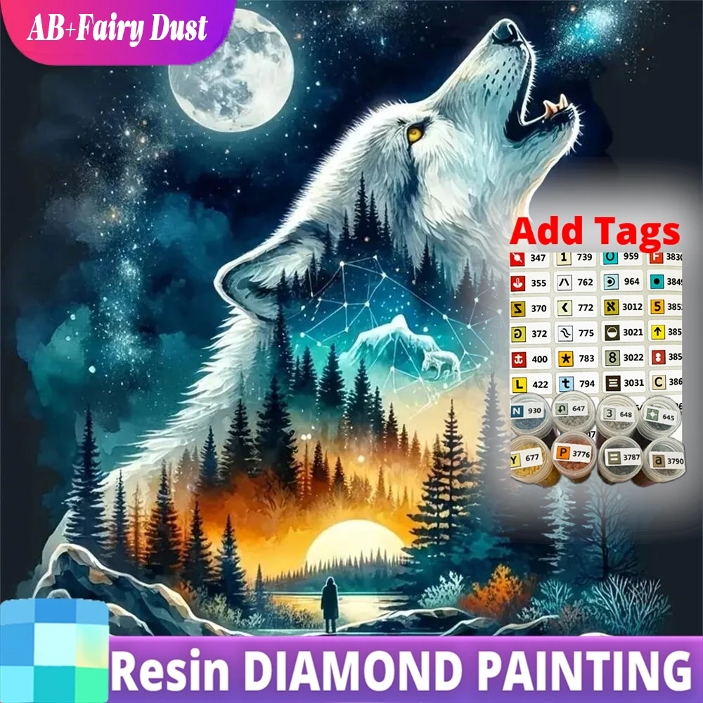 Resin AB Fairy Dust 5D DIY Diamond Mosaic Wolf Suitable For Beginners Painting Dog Animal Moon Embroidery Sunset Holiday Gifts