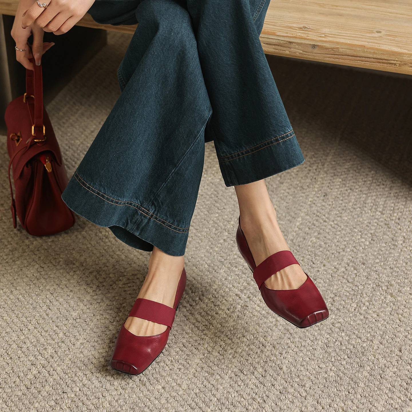 2026 Spring Women's Genuine Cowhide Leather Mary Jane Shoes Square Toe Elastic Strap Hidden Wedge Mid Heels Slip on Ballet Flats
