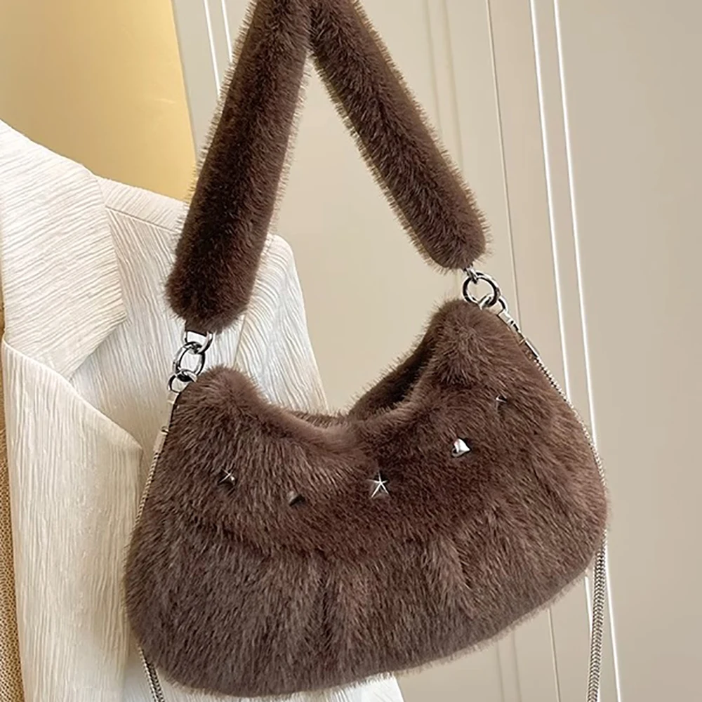 

Autumn Winter Plush Chain Crossbody Bag Soft Solid Color Buckle All-Match One Shoulder Bags Party Commute Versatile Handbags