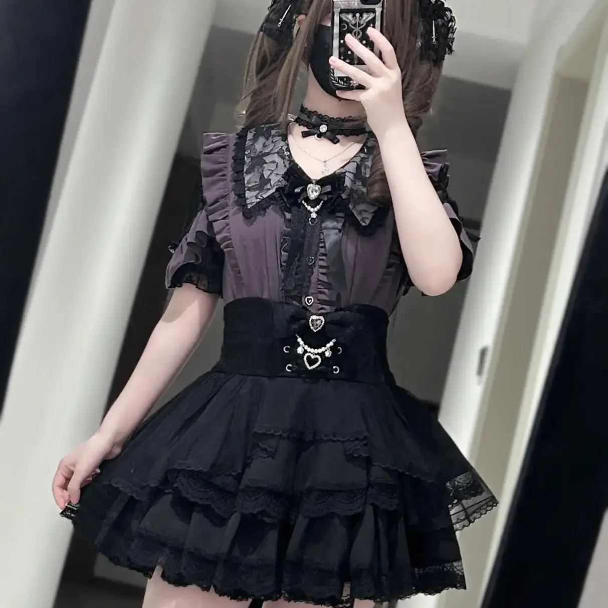 Japanese Subculture Y2K Lolita Kawaii Jirai Kei Mass-Produced Sweet Lace Short-Sleeve Blouse High-Waisted Midi Skirt Outfit
